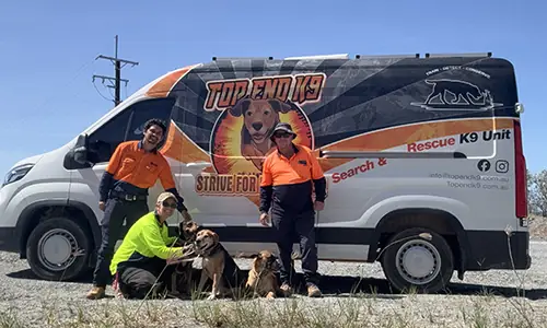 Field Odour detection team (left to right) Entomologist, Dog handler, Ryker, Scout, Jaeger, Surveillance officer surveillance team